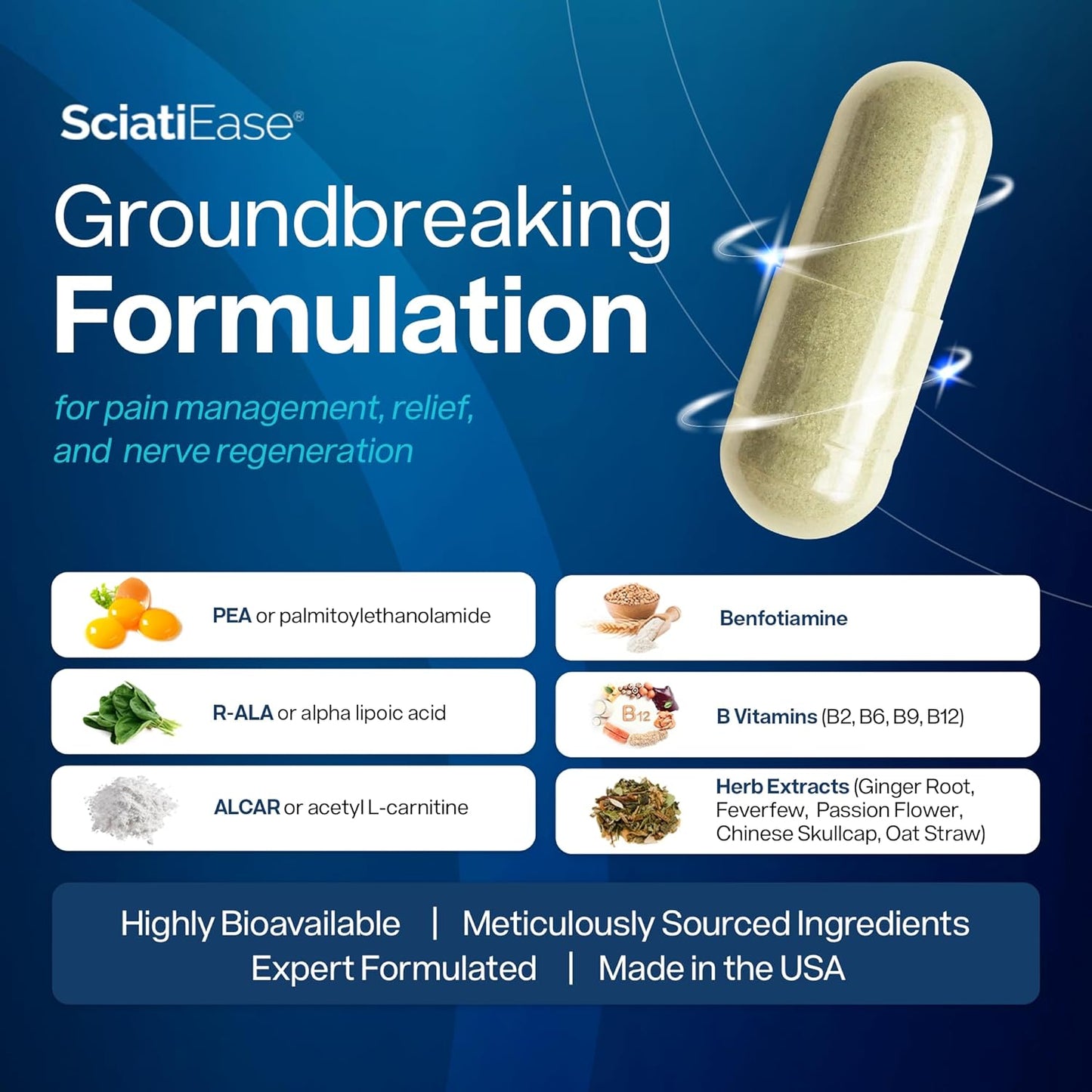 SciatiEase Sciatic Nerve Health Support Supplement - Nerve Support Formula with AlphaPalm, Pea, Vitamin B Complex, Alpha Lipoic Acid 300mg